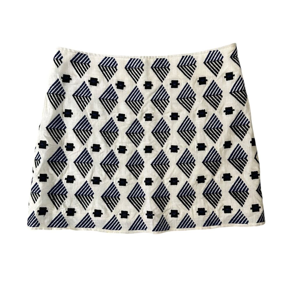 THML‎ White and Blue Embroidered Short Rayon and Linen Lined Mini Skirt Size S